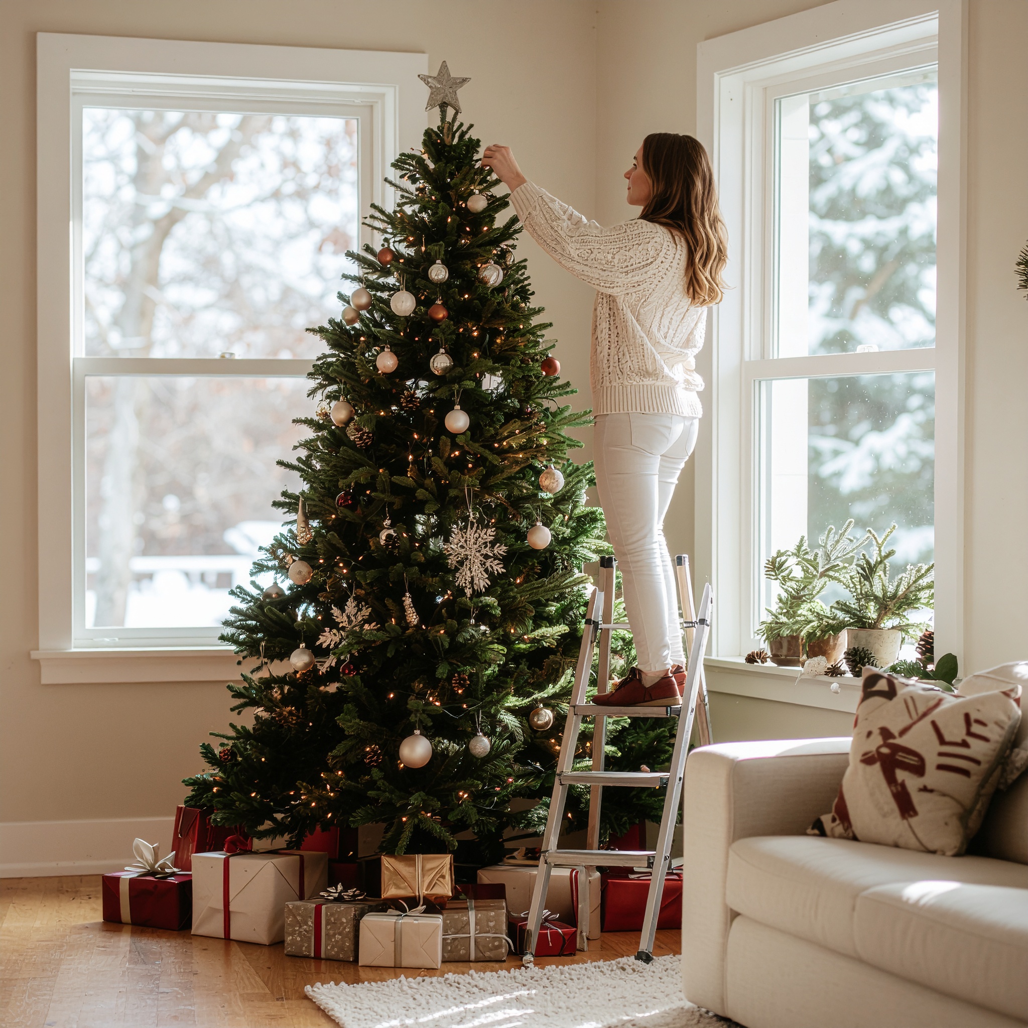Mulher decorando uma árvore de Natal cheia de enfeites prateados e dourados em uma sala iluminada por janelas grandes com neve visível do lado de fora. A cena transmite uma atmosfera acolhedora e festiva, com presentes cuidadosamente dispostos ao redor da árvore e um sofá decorado com almofadas temáticas. Iluminação suave e natural, capturando a tranquilidade do inverno, com foco seletivo destacando a árvore e a mulher em um ângulo lateral.